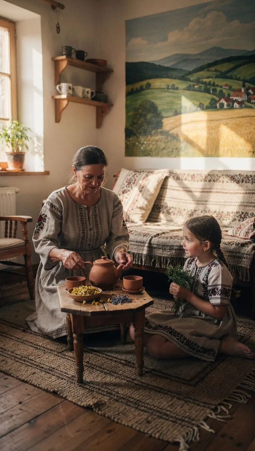 Tradičné slovenské poháre plné bylinkového čaju na drevenom stole.