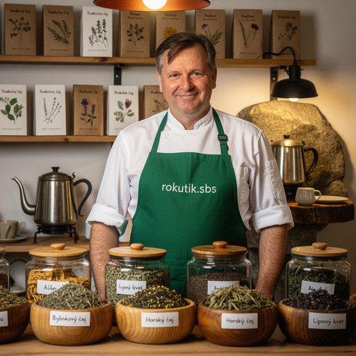 Zelený čaj s bylinkami z tradičnej slovenskej záhrady, umiestnený v ručne vyrobenej keramickej šálke.