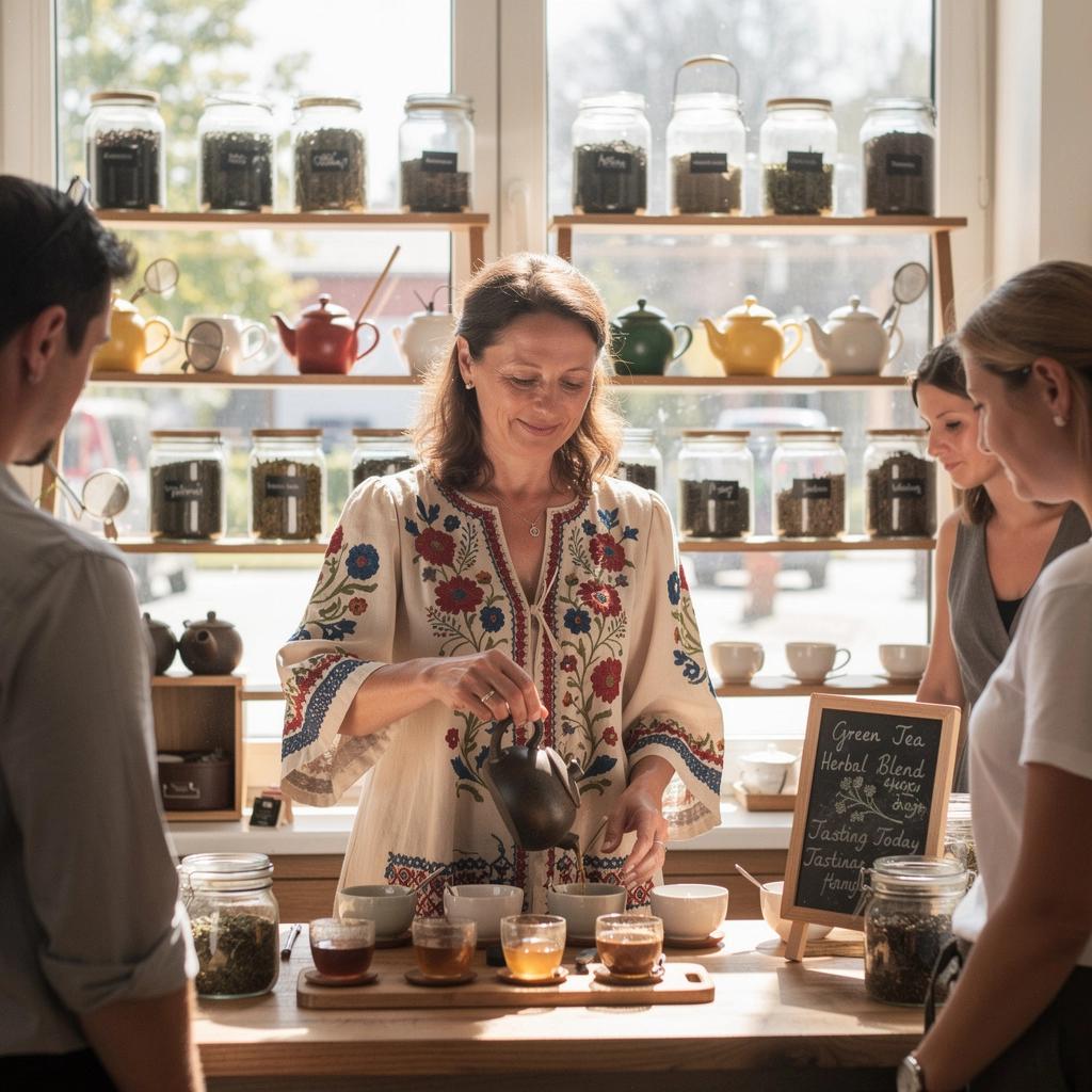Tradičné slovenské čajové obrúsky s folklórnymi vzormi, vystavené na stole s čajom.